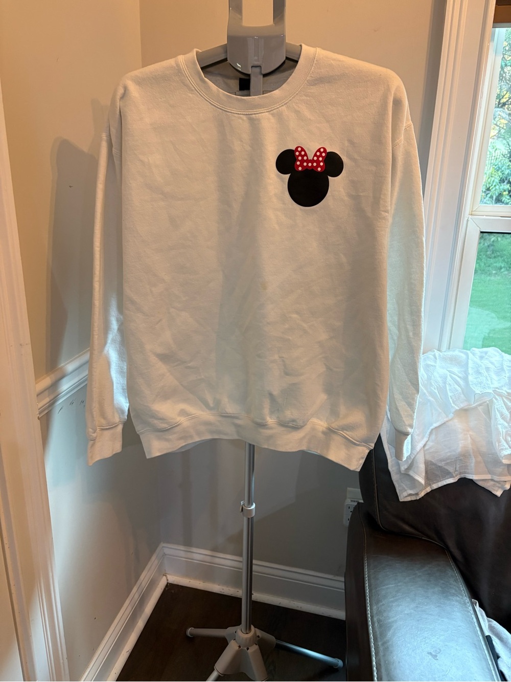 Gildan White Crewneck Sweater with Minnie Mouse Bow Accent